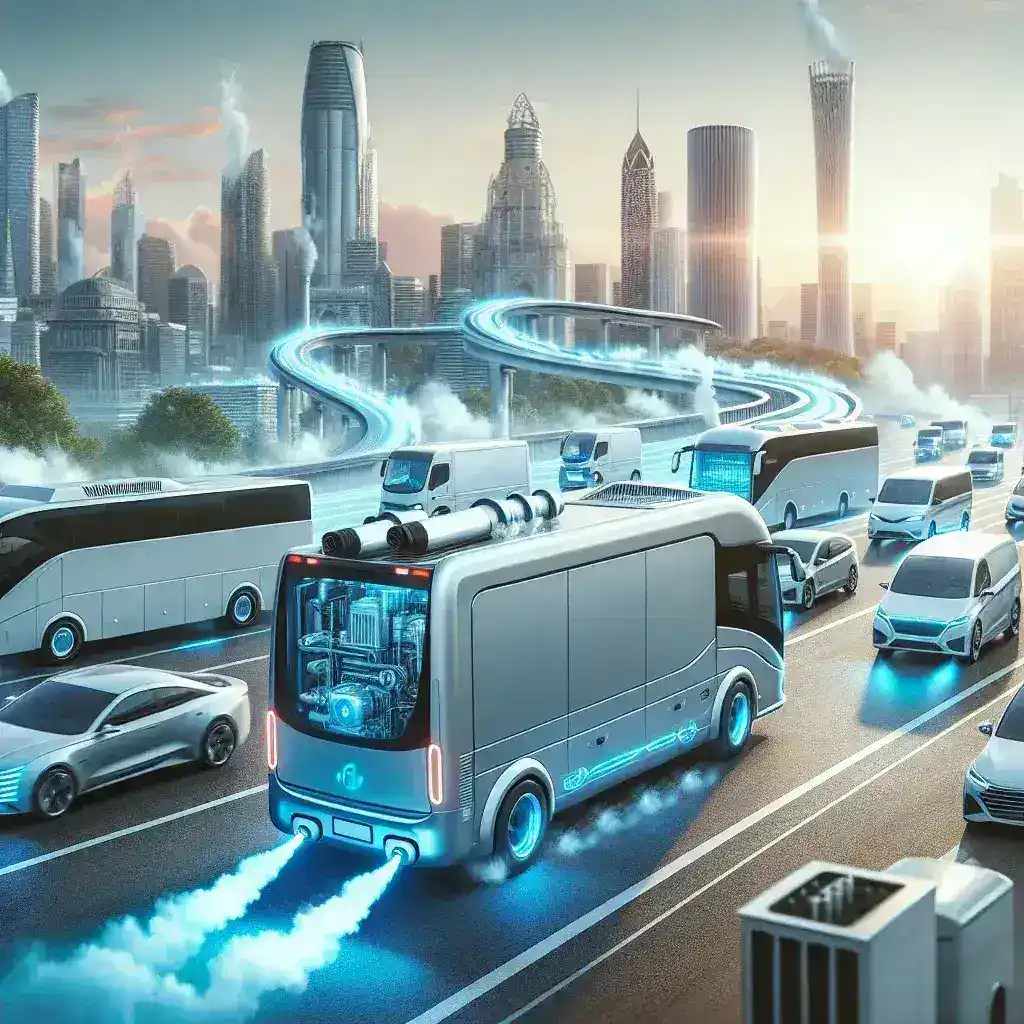 "Hydrogen fuel cell vehicle driving on a modern highway, representing the growing market share of hydrogen technology in the commercial transportation sector."